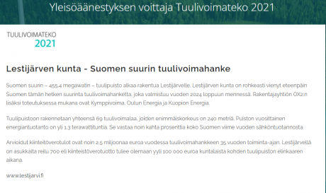 Lestijärven kunta on Tuulivoimateko 2021 yleisöäänestyksen voittaja!